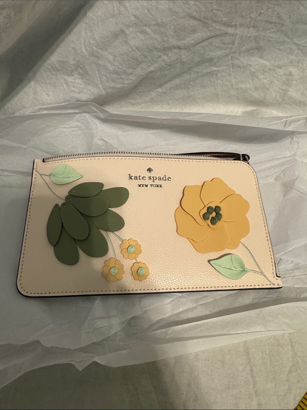 kate spade Pale Pink Floral Appliqué Wristlet with Yellow & Green Accents